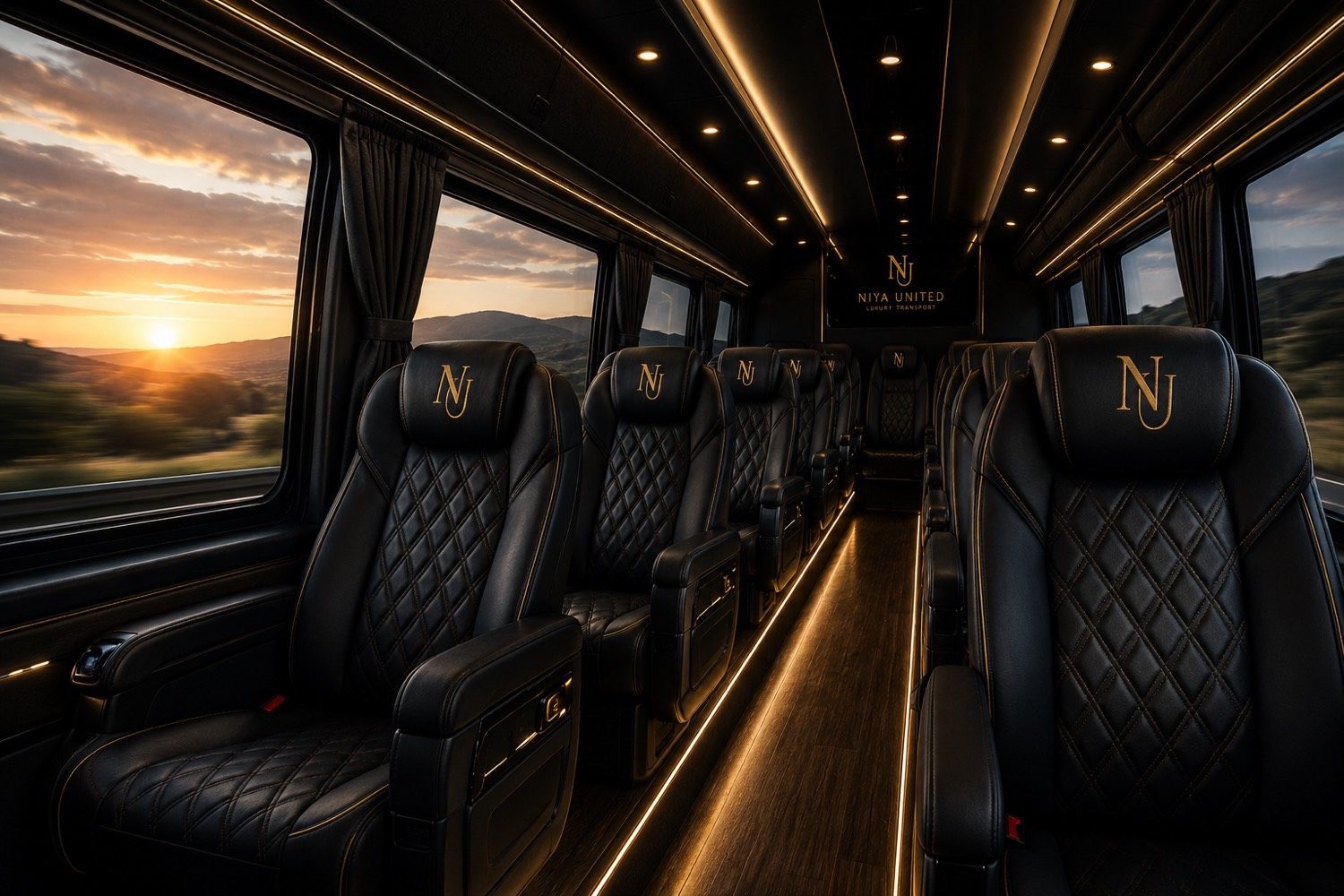Niya United executive bus at dusk